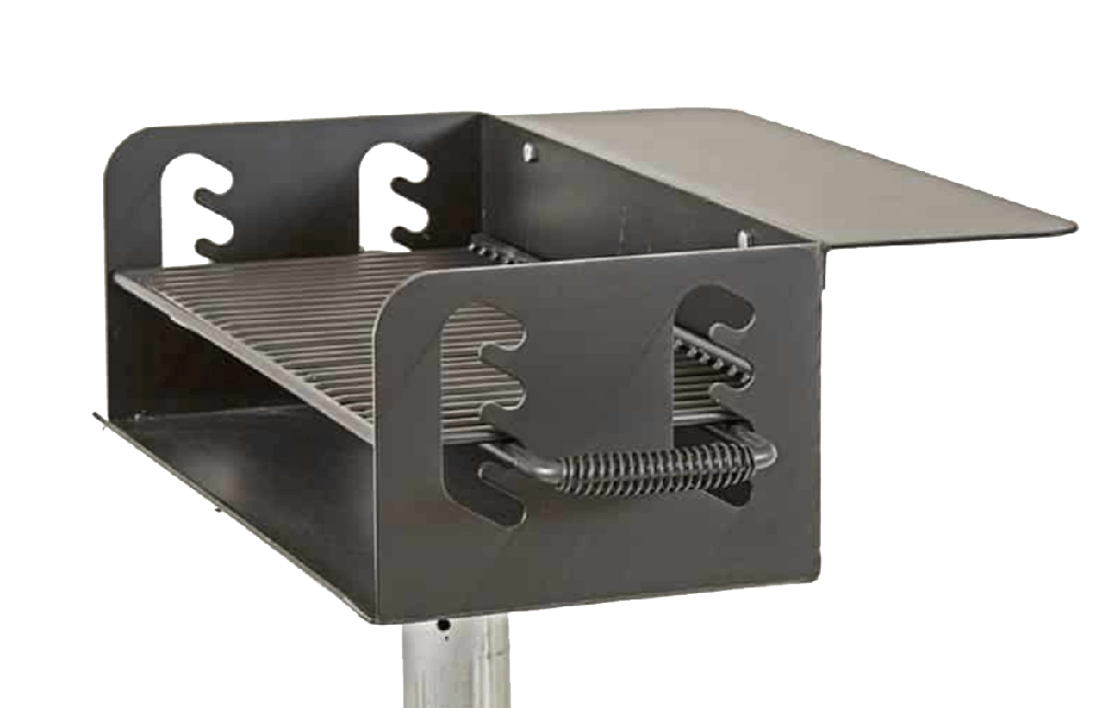 Commercial park grill with integrated utility shelf providing extra prep space and convenience for outdoor cooking in public recreation areas